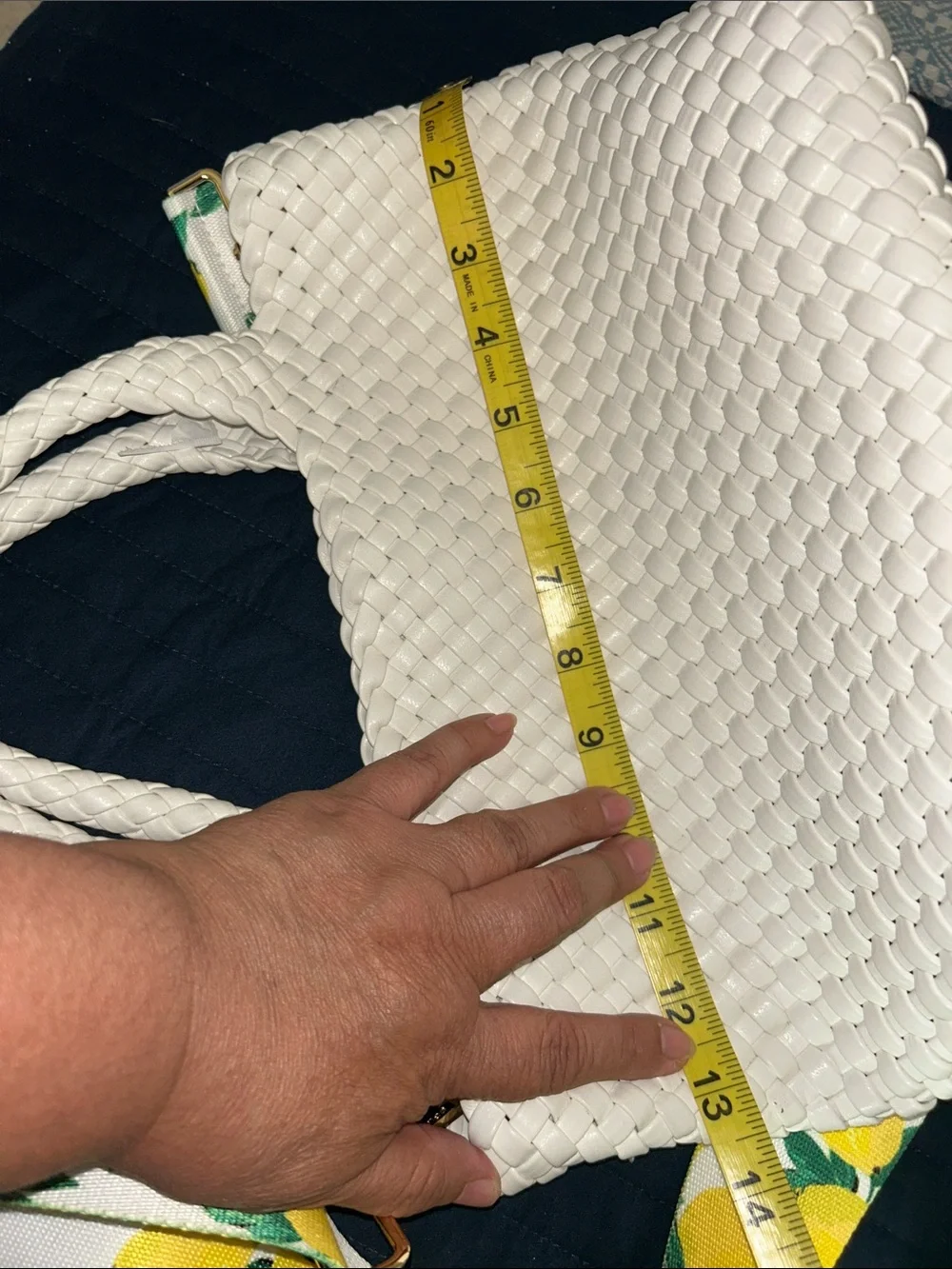 Woven White Shoulder Bag with Lemon-Print Strap